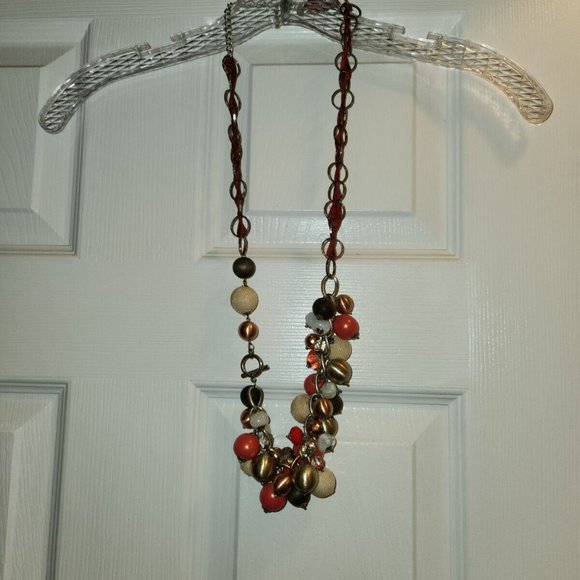 Chico's Chunky Bead Necklace Mixed Material Orange Tan Brown - Picture 1 of 5